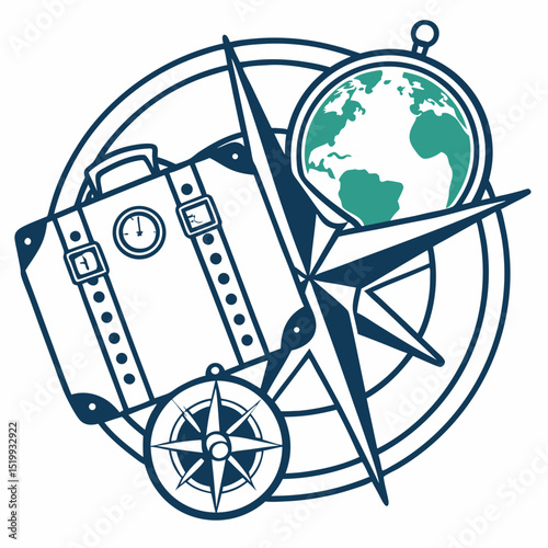 Vintage Travel Globe Compass and Suitcase style illustration