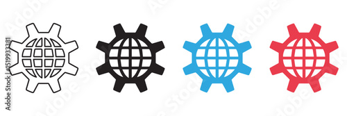 Global Settings Gear Icon World Globe Technology Symbol in Multicolor for Digital Interfaces, Network Configuration, Web Tools, and Apps