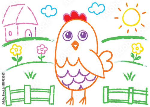 Baby birds and a cartoon chicken illustrate a happy Easter greeting card with spring flowers, eggs, and a yellow sky design