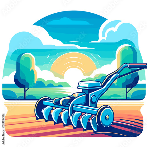Stylized cultivator blades ready for field work under bright sunrise sky