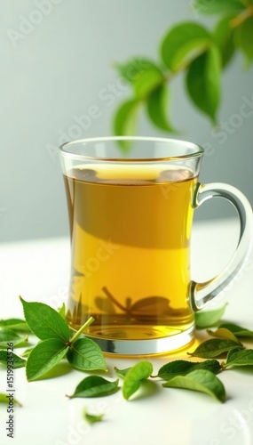 Clear glass cup, vibrant green tea, loose leaves scattered on white , hot drink, tea leaves, refreshment