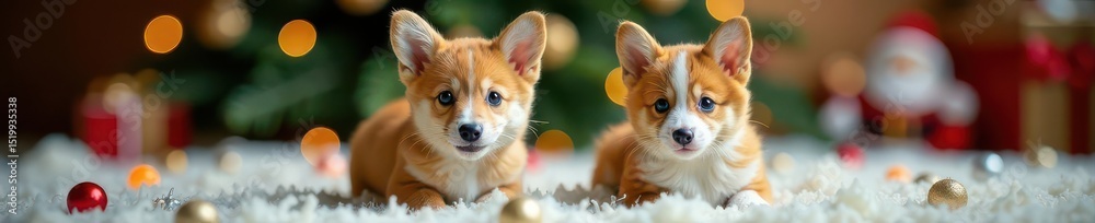 Obraz premium Cuddly corgi and kitten, Christmas themed, playful pose , nap, winter
