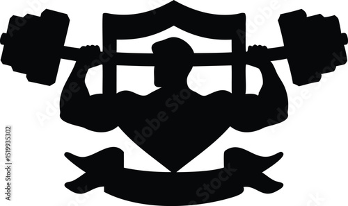 Black and White Silhouette of Muscular Figure Lifting Barbell Emblem