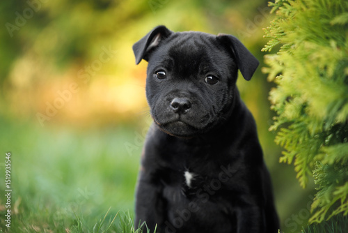 cute black staffordshire bull terrier puppy portrait outdoors