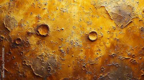 A detailed, golden-hued surface showing craters and rough terrain, resembling the landscape of a planet or a moon seen from above.
