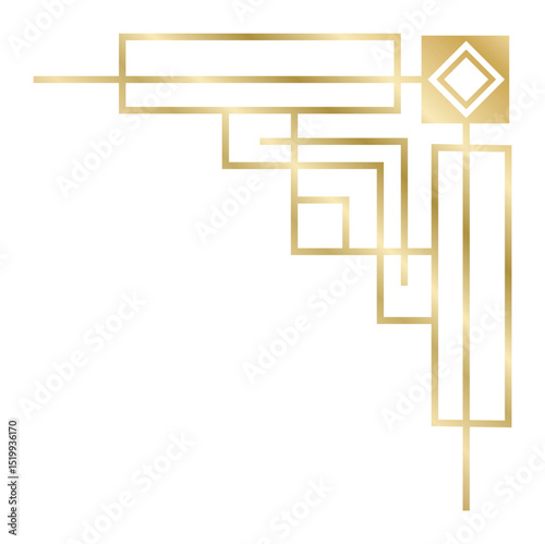 Golden art deco corner ornament featuring intricate lines and squares, creating an elegant frame ideal for enhancing wedding invitations or luxurious packaging designs