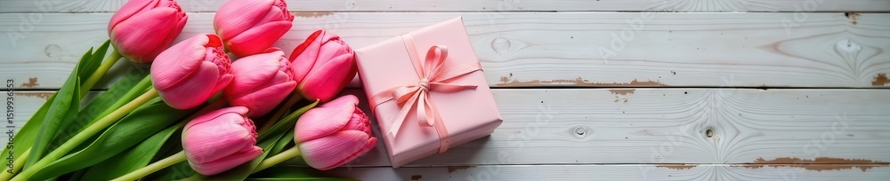 Fototapeta premium Elegant pink tulips, small gift, wooden backdrop, spring theme , pink, nature