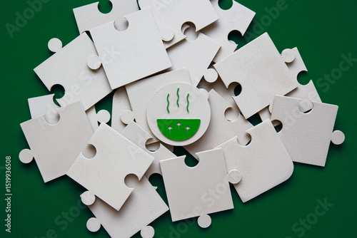 Biomass energy concept. Puzzle pieces with geothermal biomass energy symbol in center on green background. Natural energy solution concept perfect for renewable energy sustainability presentations.
