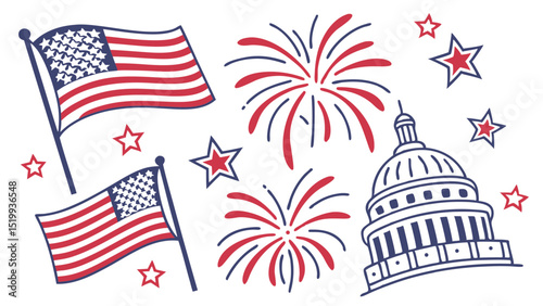 A patriotic illustration featuring american flags fireworks stars and the capitol building design on white