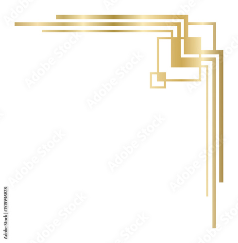 Golden art deco corner ornament forming a border with parallel lines and square decorations, ideal for creating elegant frames or page decorations