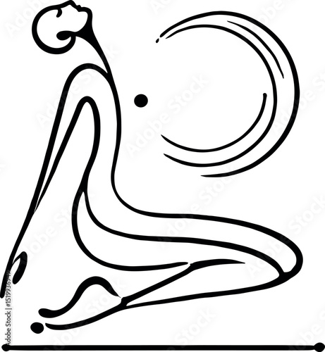 A black-and-white minimalist oil drop silhouette of a woman with hands on her chest, surrounded by breathing lines forming a circle, symbolizing wellness and breathing exercises.
