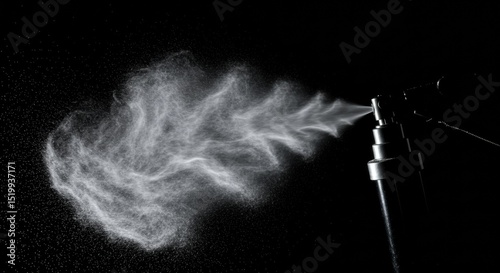 Moment of fragrance mist ejection captured with laser trigger, forming delicate plume. Dark background with rim light.