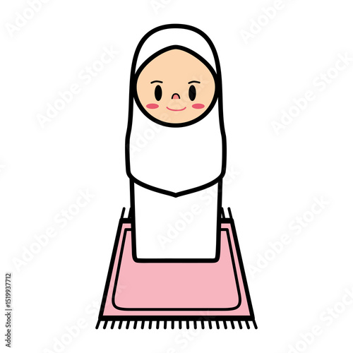 Cute Hand Drawn Illustration Muslim Girl Do Prayer Time on a Prayer Rug Sajada
