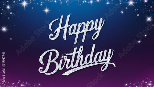 Shimmering silver Happy Birthday text set against a deep blue background filled with twinkling stars. A festive and elegant night-sky celebration theme.