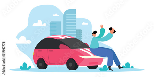 Young man sitting on car hood waving with one hand and holding smartphone with the other with city skyline in background, celebrating car sharing, ride sharing and new mobility services
