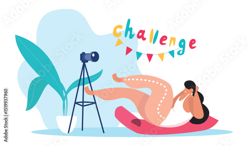 Fitness influencer recording crunches on a yoga mat in front of a camera on a tripod, featuring challenge lettering and party flags for a social media fitness challenge