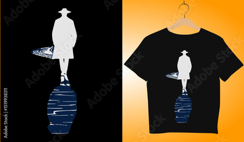 Silhouette T-Shirt Design: Man in Hat & Coat Standing Over Abstract Blue Pattern, Fashion Apparel, Modern Graphic Tee, Clothing Template