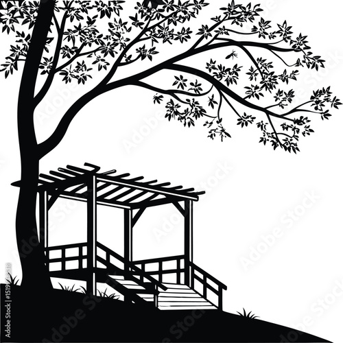 Cinematic Black and White Silhouette of Tree with Ornate Gazebo in Dramatic Lighting