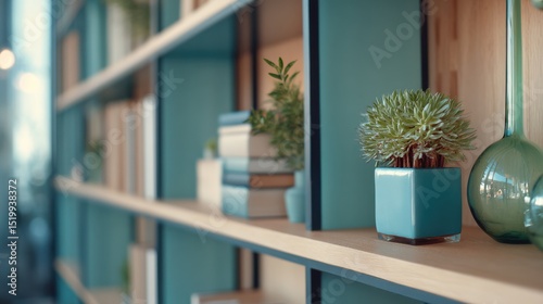 Modern Home Office Background with Minimalist Bookshelf and Green Plants