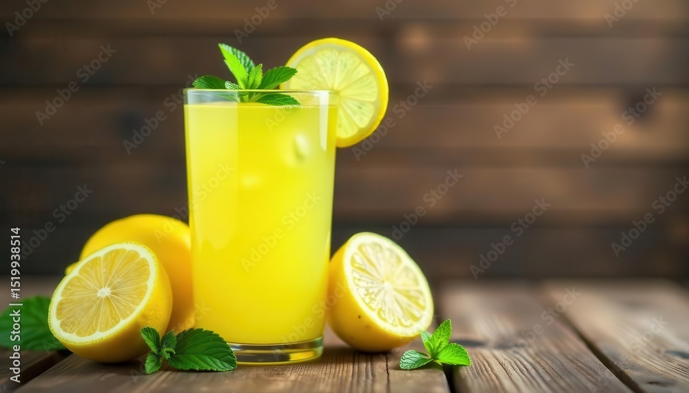 Fototapeta premium Homemade lemonade with lemon & mint Wooden background, copy space , cool, ice tea, drink
