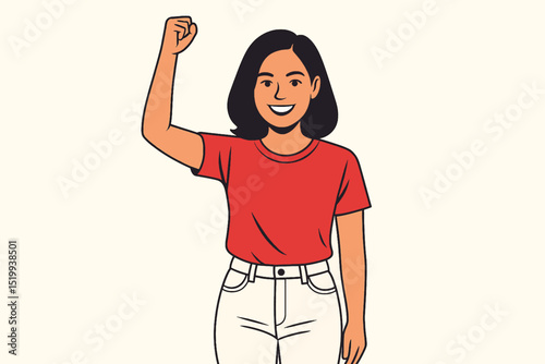 Smiling Indonesian Woman Raising Fist in Celebration