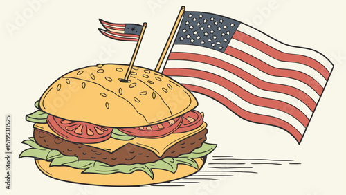 Illustration of a burger with lettuce, tomato, cheese and american flags on a white background