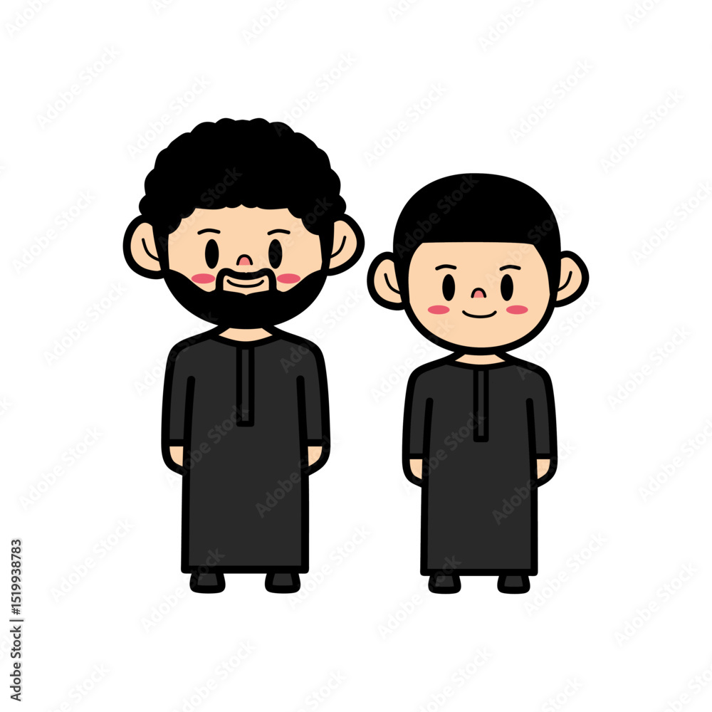 Cute Muslim cartoon character father and son in black Saudi Arabia traditional dress Cute Muslim cartoon character father and son in black Saudi Arabia traditional dress