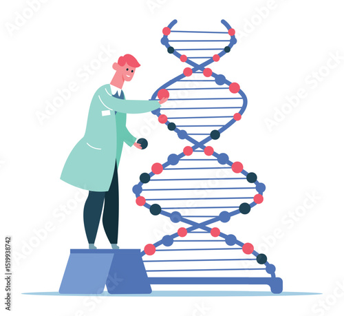 Scientist standing on a small platform building a large DNA model, adding nitrogenous bases, genetic engineering and gene manipulation concept