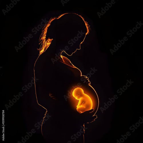 Silhouette of pregnant woman with glowing fetus inside womb on black background, concept of motherhood, life, pregnancy, love, unborn baby, maternal bond, and future generation photo