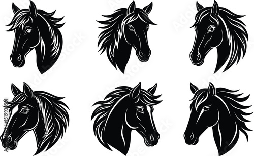 Horse head silhouette vector set, bundle of black stallion isolated on white background