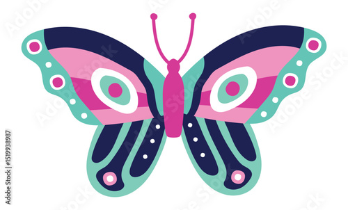 Butterfly with pink, turquoise and dark blue wings featuring circles and stripes, creating a whimsical and eye catching design perfect for children's illustrations or nature inspired projects
