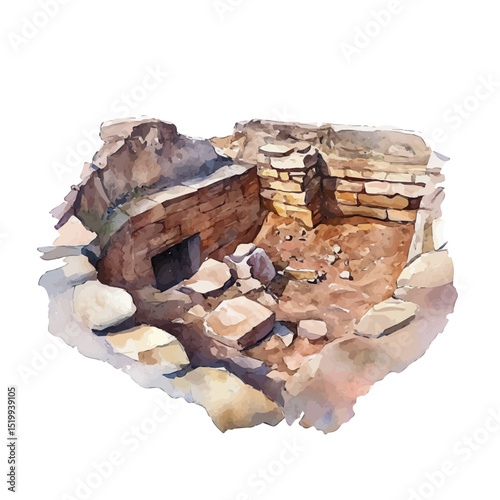 Archaeological Excavations, watercolor drawing vector, high quality, isolated on a white background.