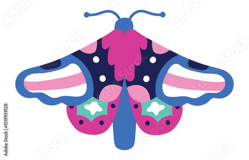 Colorful butterfly showing wings with abstract shapes creating a vibrant and playful design, perfect for children's illustrations, textile patterns, or any project needing a touch of whimsy