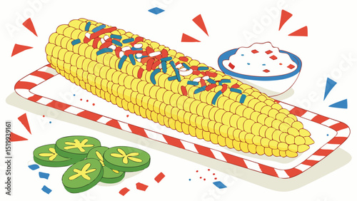 A vibrant corn on the cob with patriotic sprinkles and sides on a festive striped plate design