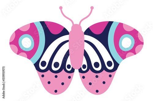 Featuring a pink, white, blue, and dark blue butterfly with intricate decorative patterns on its wings and antennae, presenting a vibrant and elegant vector design