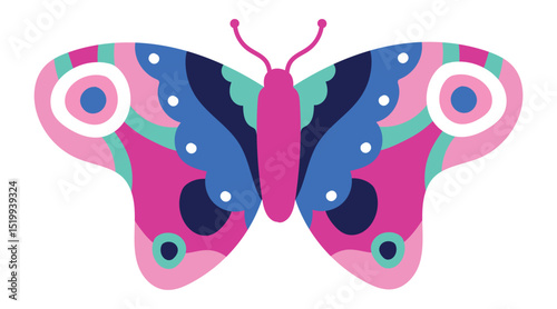 Pink, blue, and green butterfly with decorative patterns on wings creating a symmetrical design, ideal for nature, wildlife, and design projects