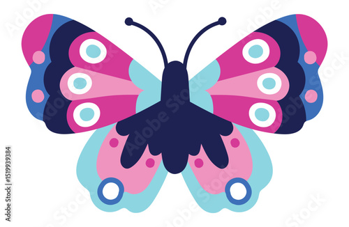 Illustration of a colorful butterfly showing its beautiful wings with pink and blue decorations, perfect for children's books, educational materials, or any project that needs a touch of whimsy