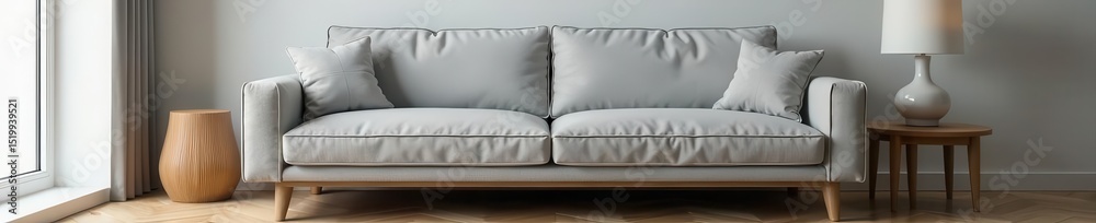 Obraz premium Modern grey sofa, wooden side table, white lamp, wooden floor , natural, space