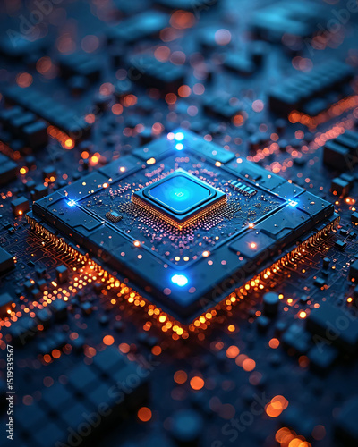 Quantum computer processor close-up with glowing qubits and fractal energy patterns