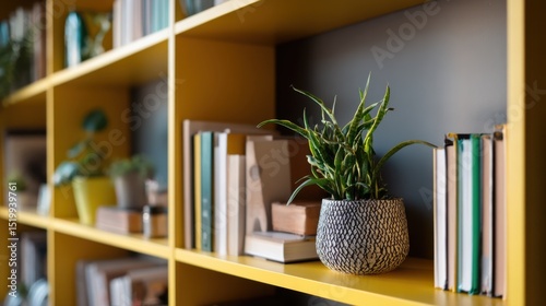 Minimalist Virtual Conference Room With Greenery Decorated Bookshelves