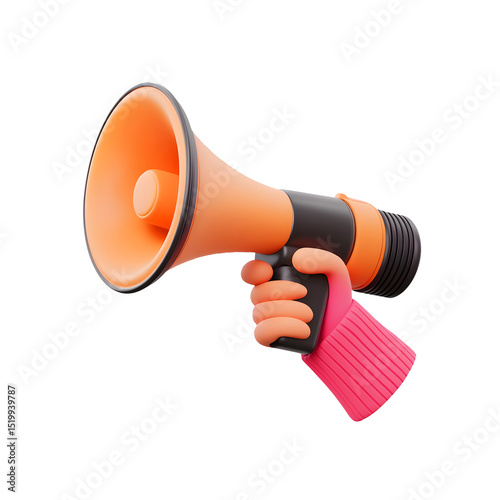 3d rendered orange megaphone held by cartoon hand with a pink sleeve for communication