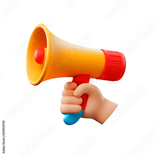 3d rendered illustration of a cartoon hand holding a yellow megaphone for announcement