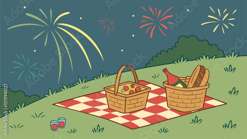 A picnic scene with fireworks in the background, including baskets and drinks on a checkered blanket