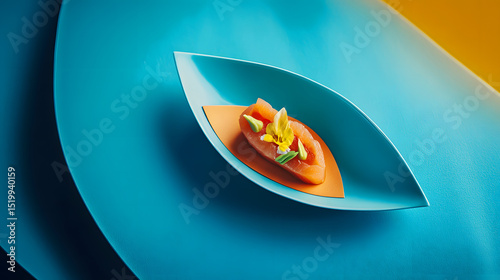 Artistic gourmet food presentation with salmon, edible flowers and creative plating in teal