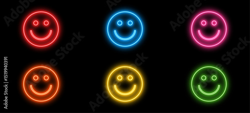 Vibrant neon smiley face emoji vector icons set glowing on a dark background, showcasing various cheerful expressions for modern digital design, social media, and positive feedback