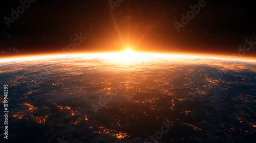 The sun rises over the curved horizon of Earth, illuminating the planet from space with a golden glow.
