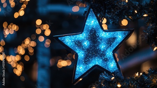 Blue Star Decoration with Glowing Lights in Blurred Background