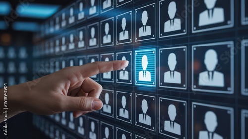 Digital profile selection on futuristic interface, representing advanced user selection, recruitment technology, and digital identification within corporate or virtual systems.