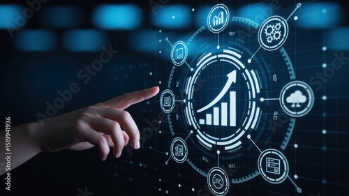 Interactive data growth interface with futuristic analysis. Technological advancement in data-driven strategies, market analysis, and future business growth through intuitive interaction.