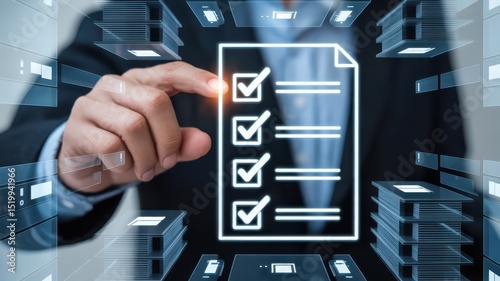 Digital checklist interface with businessman selecting items. Data validation, task management, or system audits.